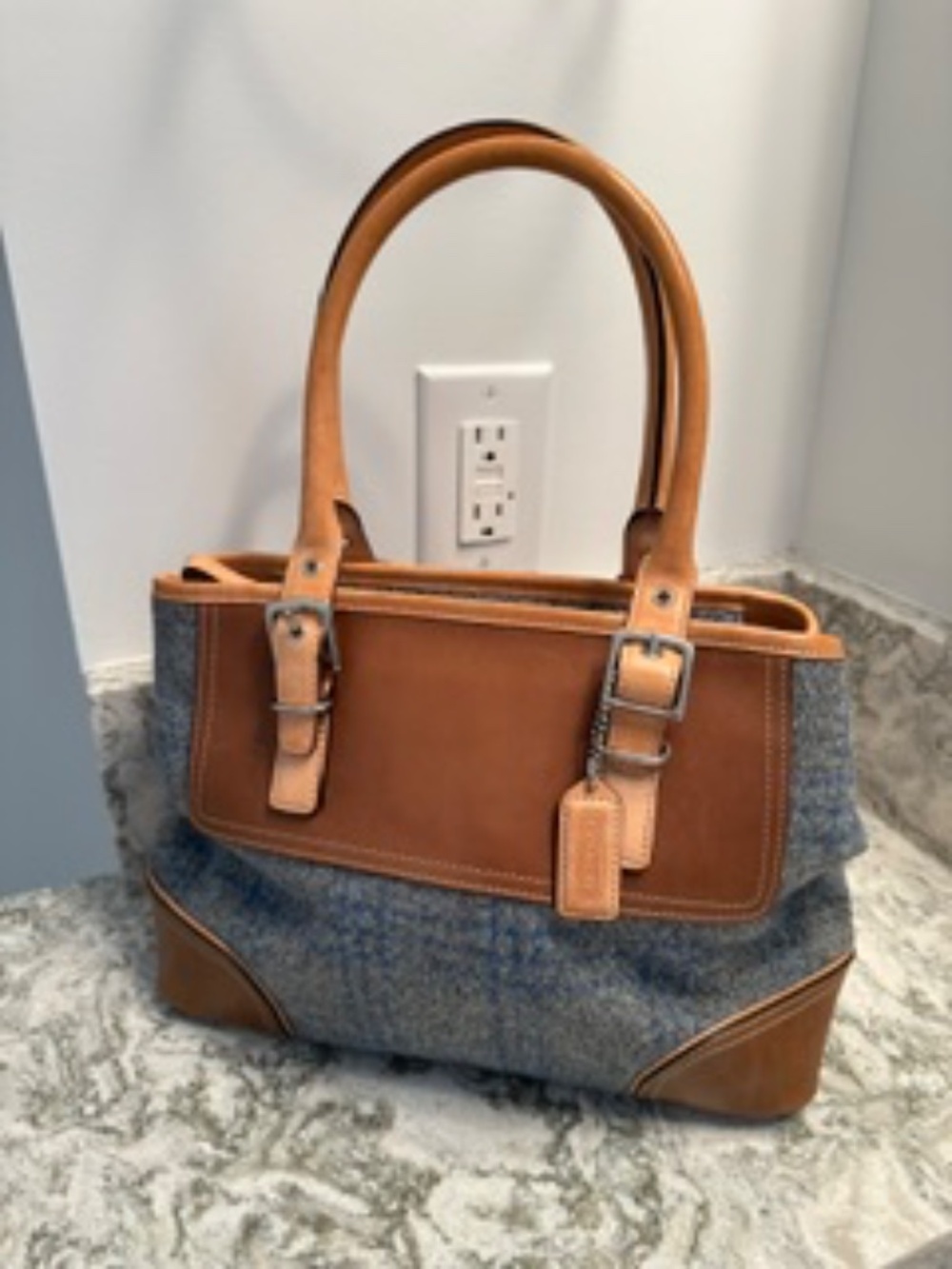 COACH Satchel handbag - Blue/Gray plaid wool and tan leather - Picture 1 of 8